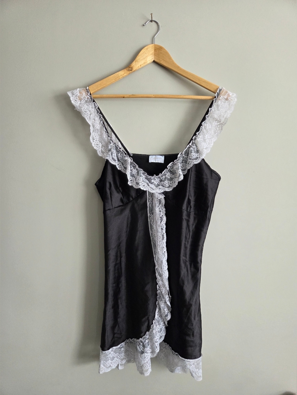 Italian Black Satin Lace Trim Slip Dress Lingerie Style Coquette Vintage Cottage